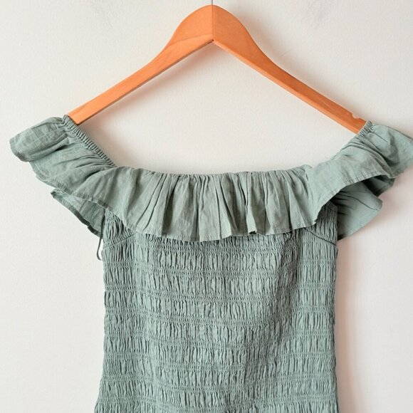 Abercrombie & Fitch Smocked Off The Shoulder Mini Dress Sage Green NWT Sz M Tall - Picture 6 of 8